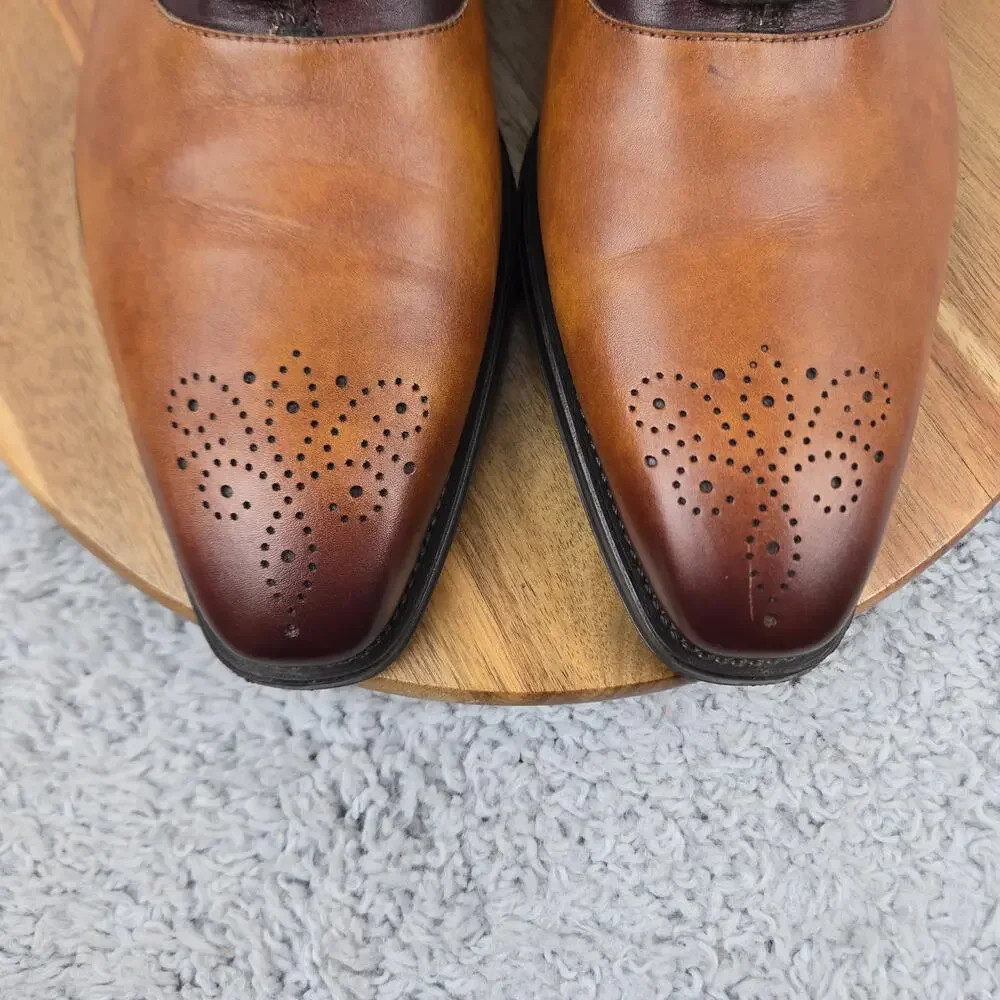 Magnanni Mens 12 Brown Two Tone Burnished Leather Medallion Oxford Dress Shoe